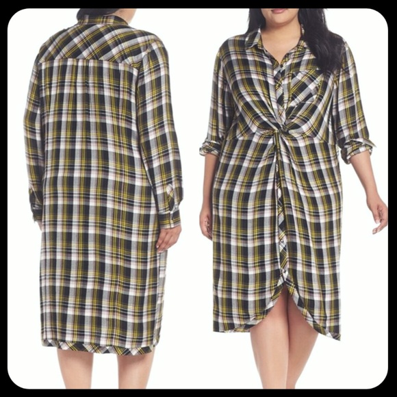 Caslon Dresses & Skirts - Caslon Knot Front Black & Yellow Plaid Shirtdress